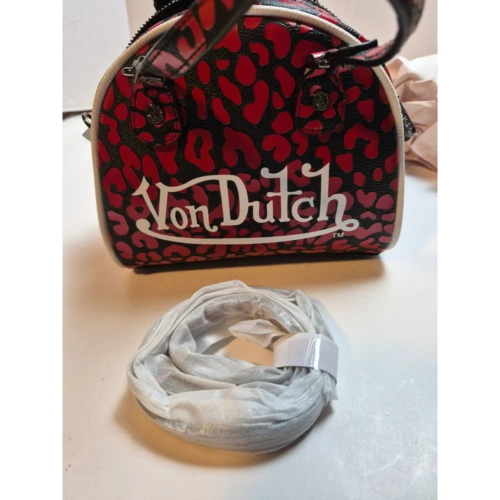 Von Dutch Red Cheetah Mini Bowling Bag Satchel VDBB-1005RED Crossbody NWT